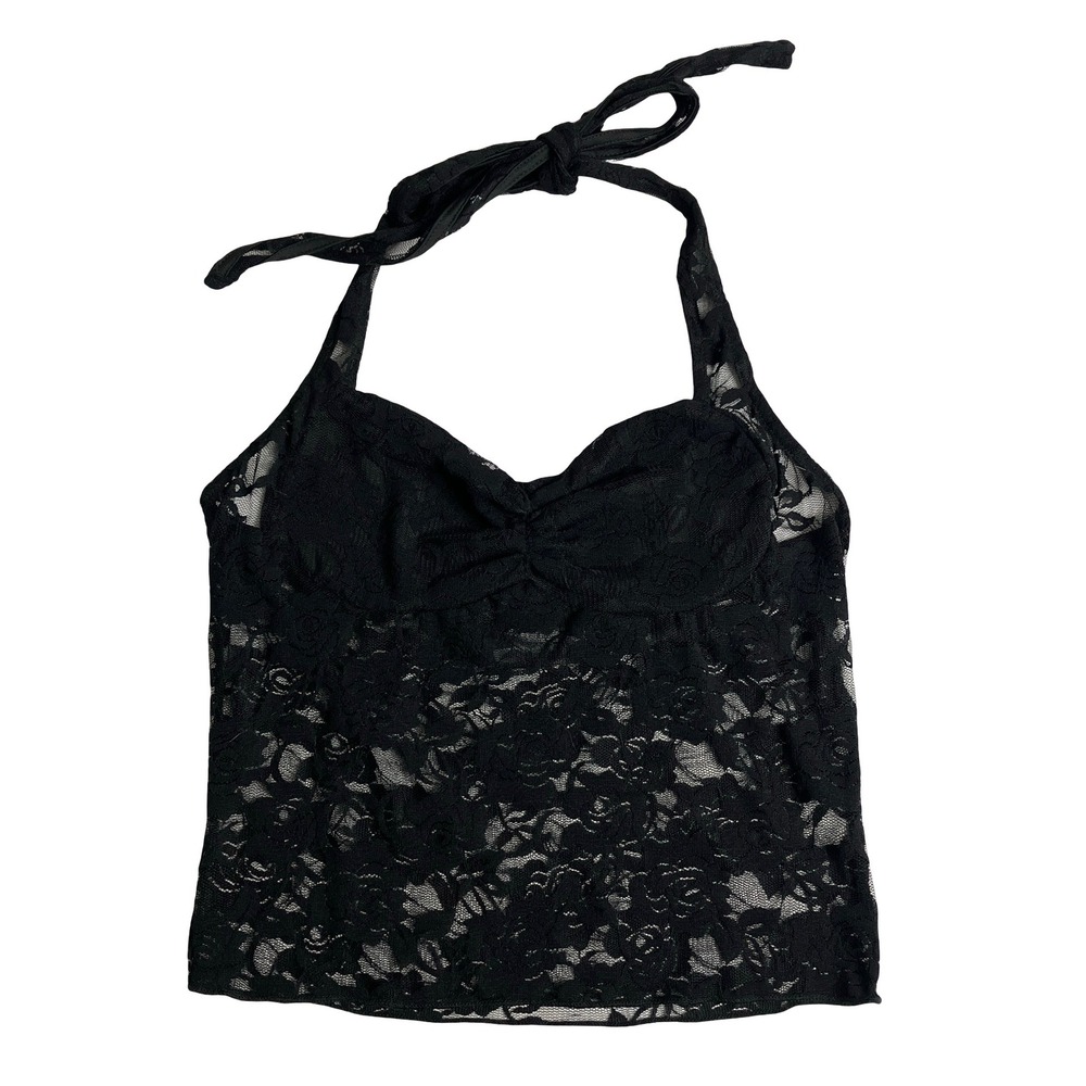Y2K Lace Babydoll Halter Crop Top‎ XS/S Black Sheer Floral Whimsygoth Grunge